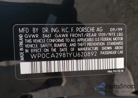 2000 Porsche Boxster z USA, uszkodzony, nr VIN WP0CA2981YU620892